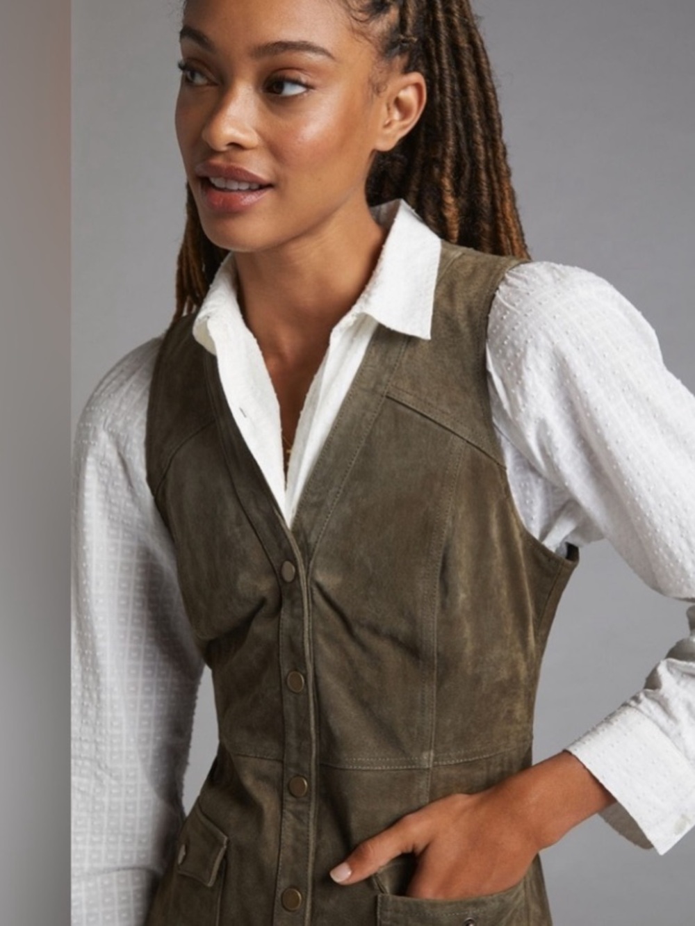 Pilcro Anthropologie Olive Green 100% Suede Leather Sleeveless Mini Dress Size 8 - Picture 2 of 13